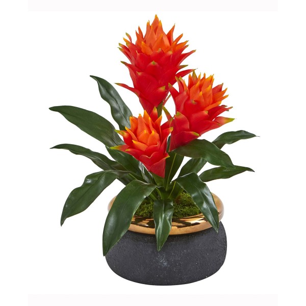 14in. Triple Bromeliad Artificial Plant in Stoneware Planter