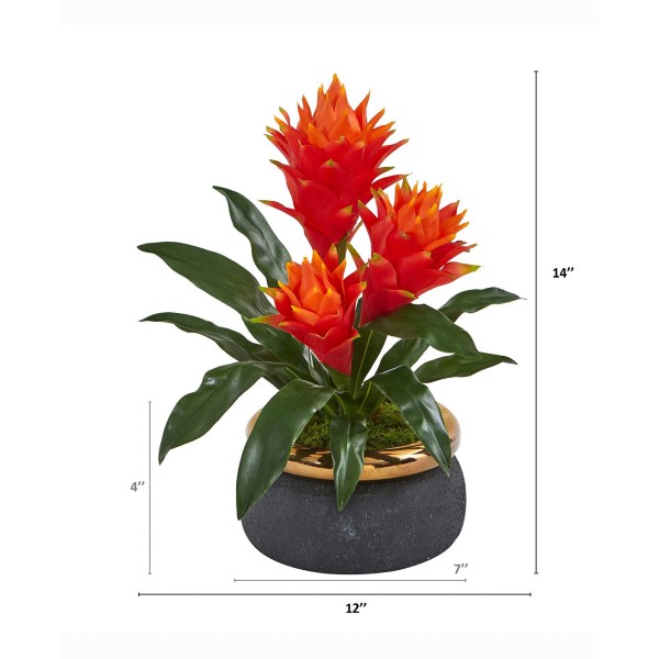 14in. Triple Bromeliad Artificial Plant in Stoneware Planter