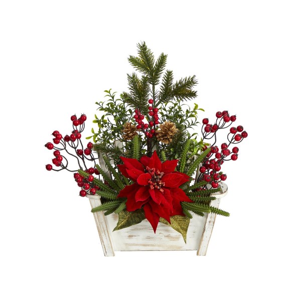 Poinsettia, Succulent, and Artificial Arrangement in Bench Planter