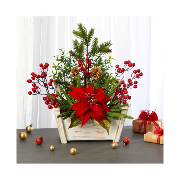 Poinsettia, Succulent, and Artificial Arrangement in Bench Planter