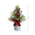 Holiday Greenery, Pinecone, and Berries with Buffalo Plaid Bow Artificial Christmas Table Arrangement 20