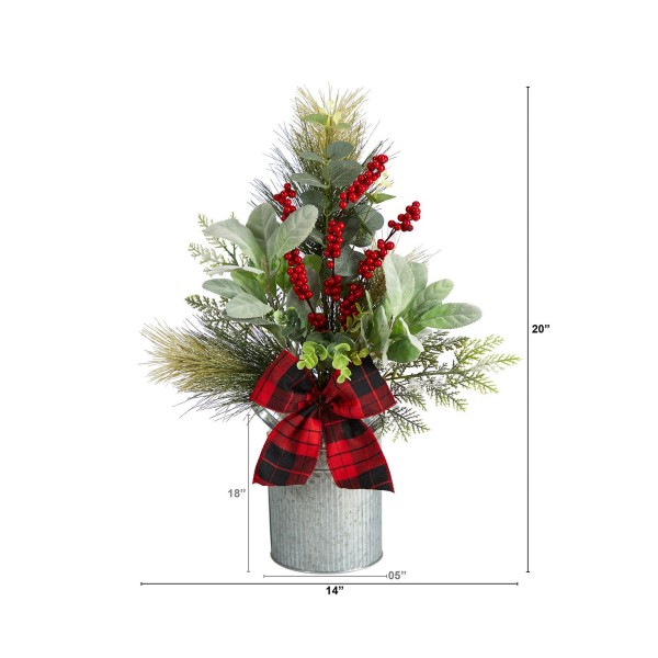 Holiday Greenery, Pinecone, and Berries with Buffalo Plaid Bow Artificial Christmas Table Arrangement 20