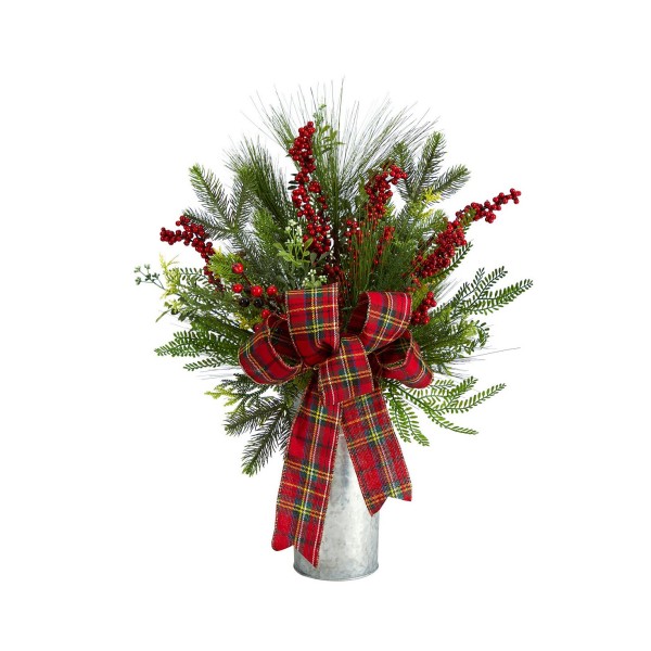 Holiday GreeneryBerries and Plaid Bow Artificial Christmas Arrangement Home Decor28