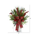 Holiday GreeneryBerries and Plaid Bow Artificial Christmas Arrangement Home Decor28