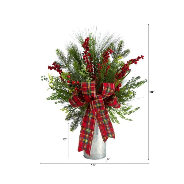 Holiday GreeneryBerries and Plaid Bow Artificial Christmas Arrangement Home Decor28